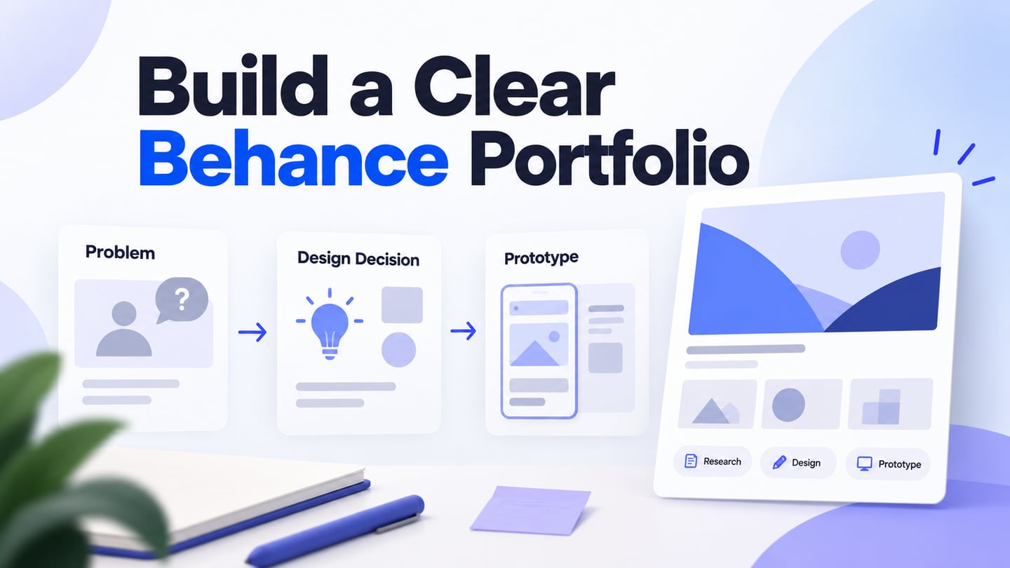 A portfolio illustration connects the problem, design decision and prototype to a finished case-study presentation.