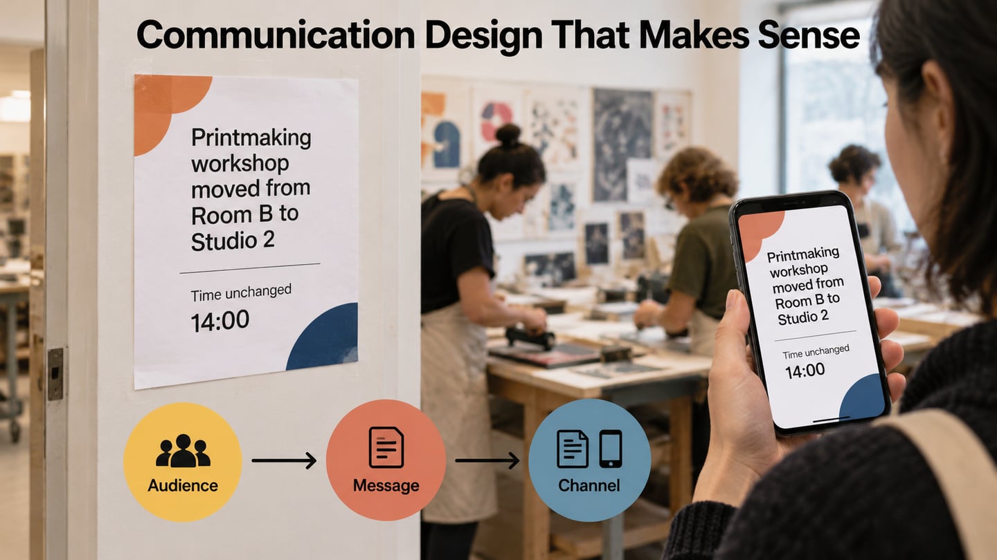 A museum workshop brief connects a location-change message to a door notice and mobile card while keeping the time unchanged.