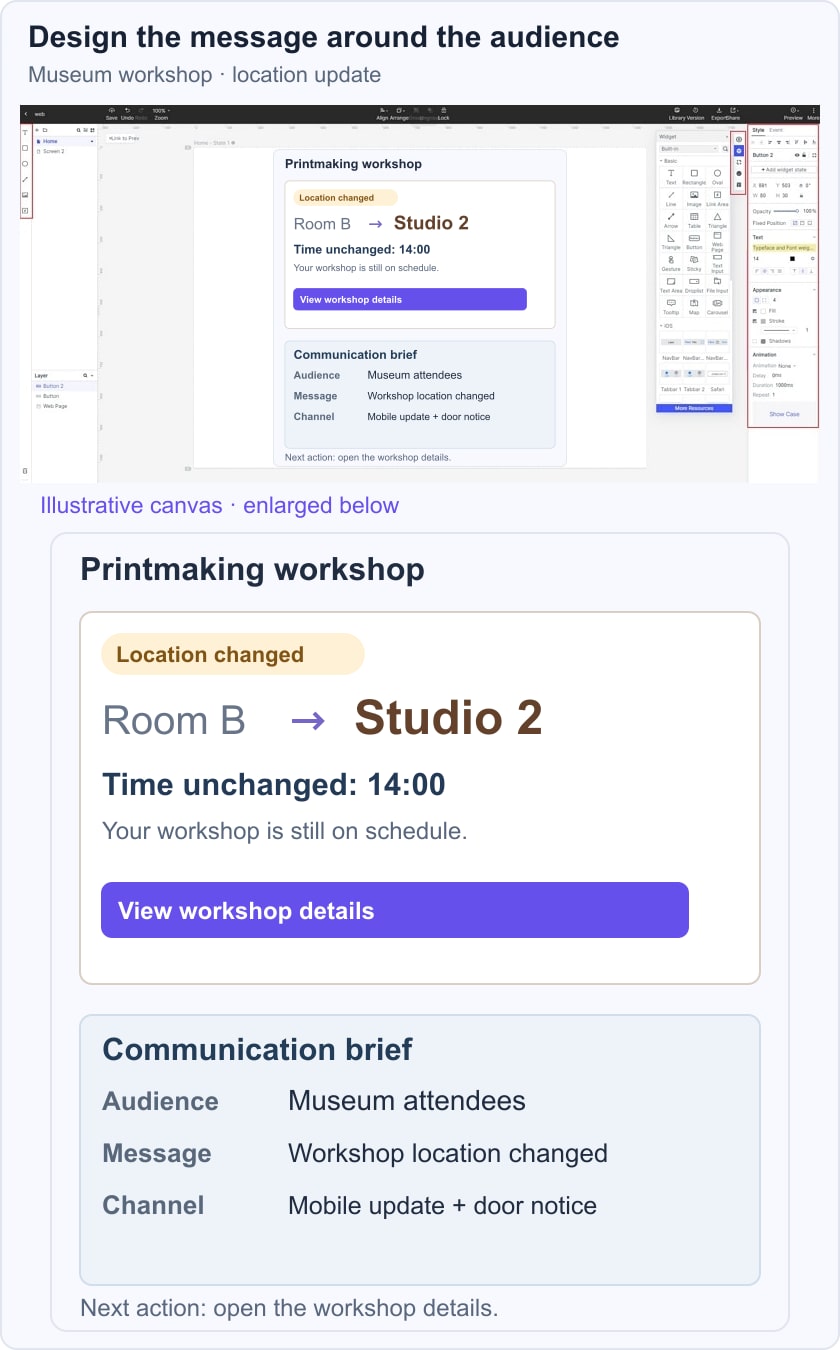 A fictional printmaking-workshop update separates the new Studio 2 location from the unchanged 14:00 time inside an earlier Mockitt editor.