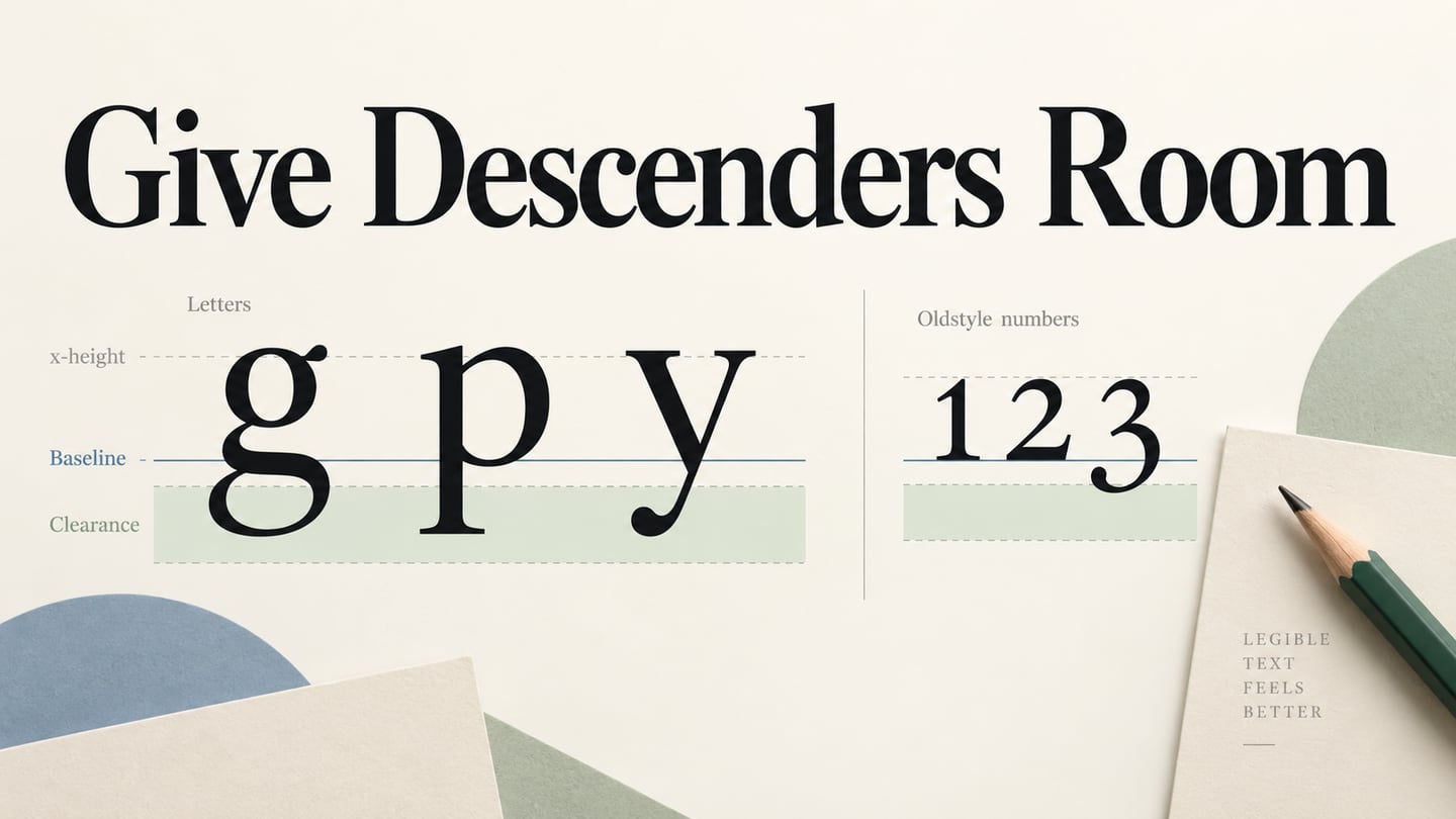 Lowercase letter tails extend clearly below a baseline beside a compact type-spacing comparison.
