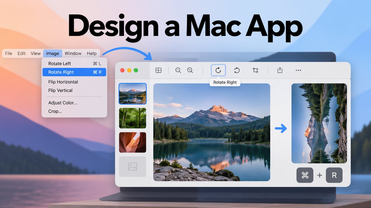 A fictional desktop photo-review window connects a Rotate action with its menu and keyboard routes.