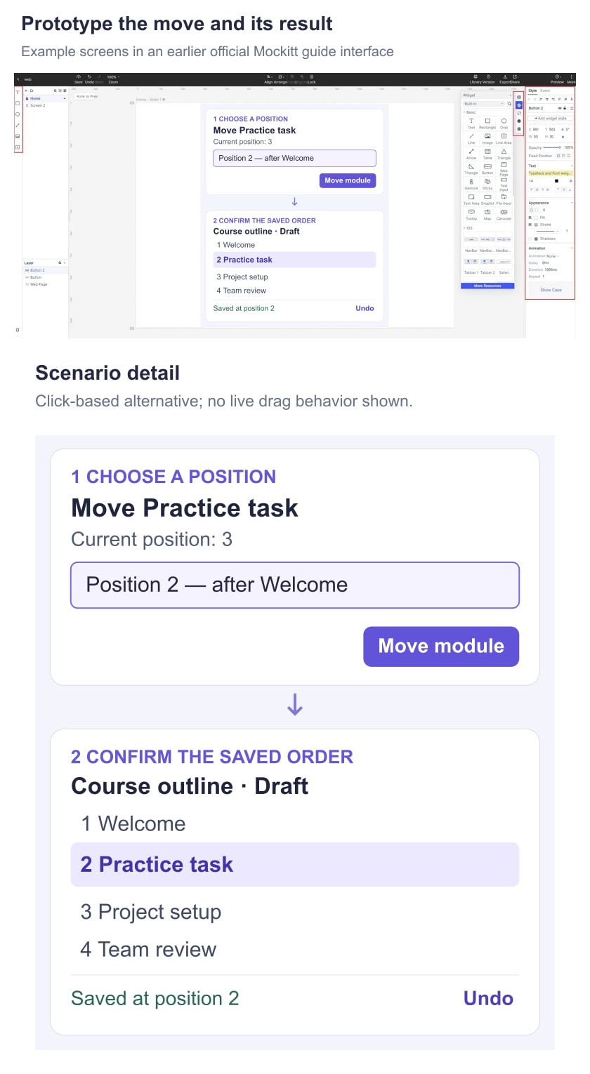 Example course-order screens in a Mockitt guide interface, showing a Move menu and Practice task saved in position 2.