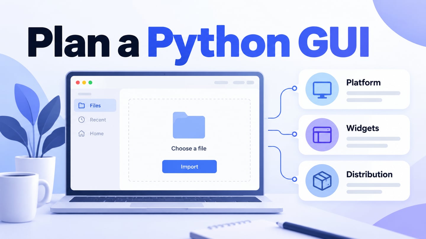 A conceptual file-import window connects Python GUI planning to platform, widgets and distribution.
