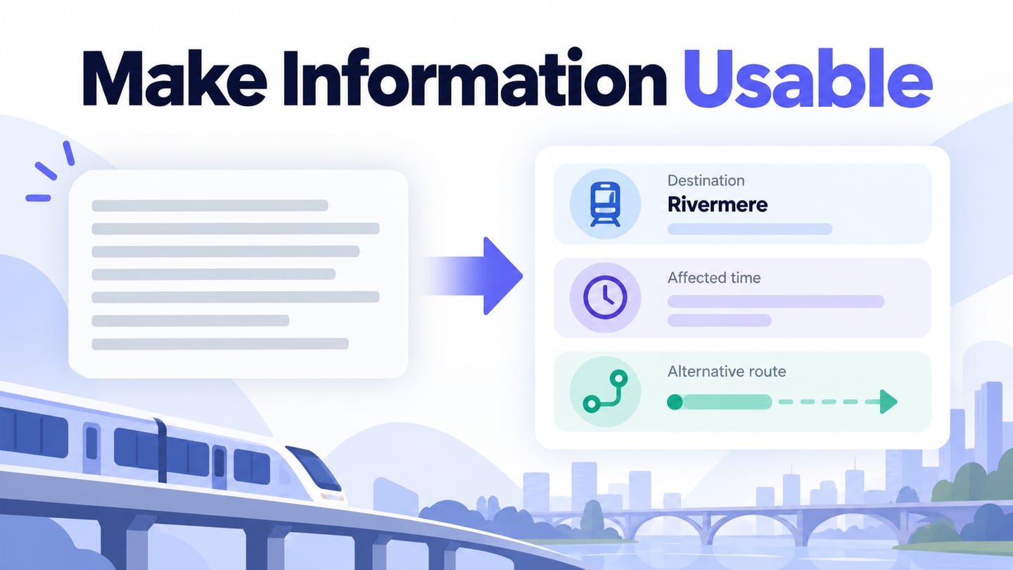 An illustrative transit service notice organizes the route, affected time and alternative route