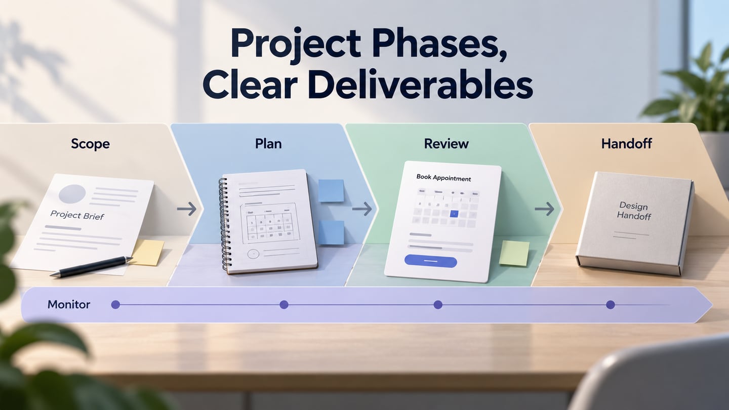 Four project phases carry one booking-design deliverable with monitoring shown across the work.