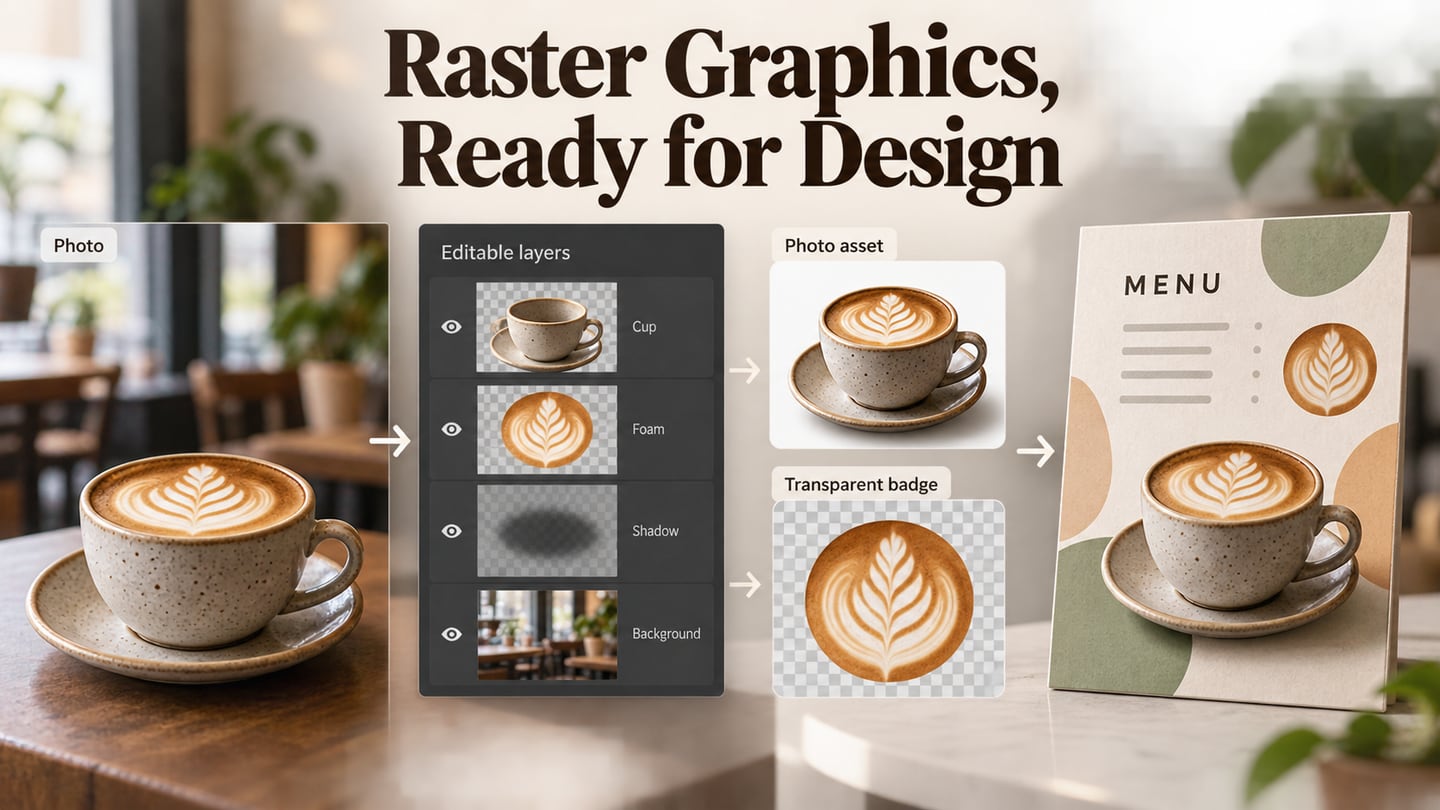 A cafe photograph and layered source become separate photo and transparent-badge assets for a menu card.