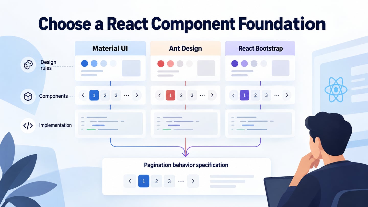 Material UI, Ant Design and React Bootstrap connect to one shared pagination behavior specification.