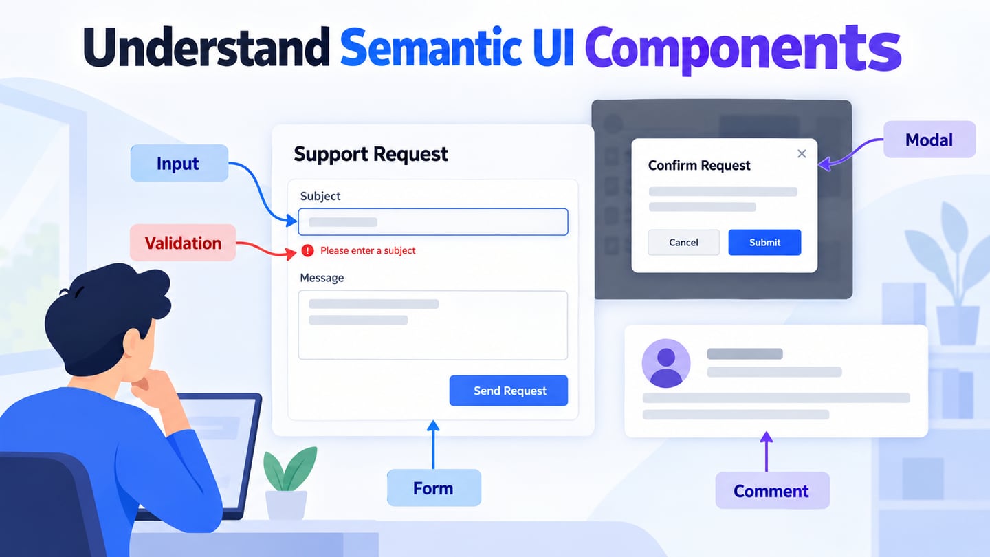 A support-request component map identifies an input, form, displayed comment, modal and validation message.