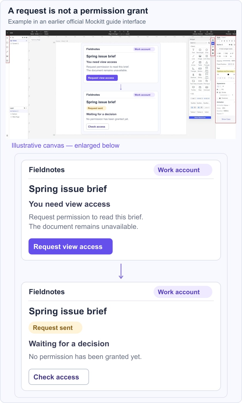 Illustrative Fieldnotes screens showing a view-access request and its pending result for the same brief and work account.