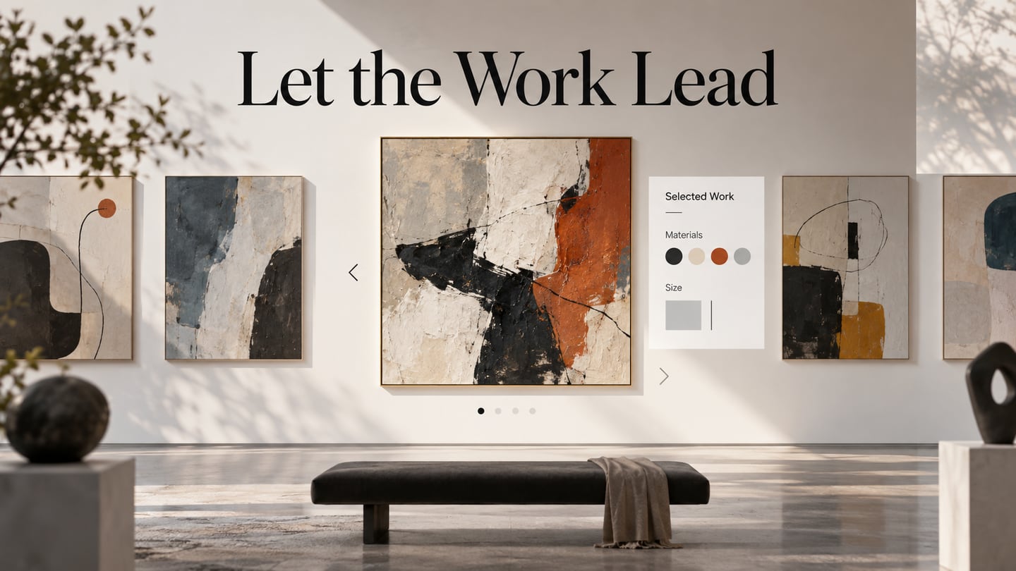 A gallery composition highlights one artwork with selected-work, materials and size information beside it.