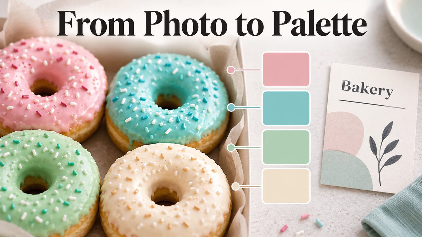 Pink, turquoise, mint and cream doughnuts inspire four palette swatches and a bakery design concept.