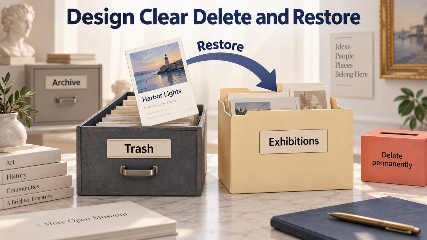 An exhibit-draft card beside Archive and Trash drawers, with a restore path and a separate permanent-deletion slot.