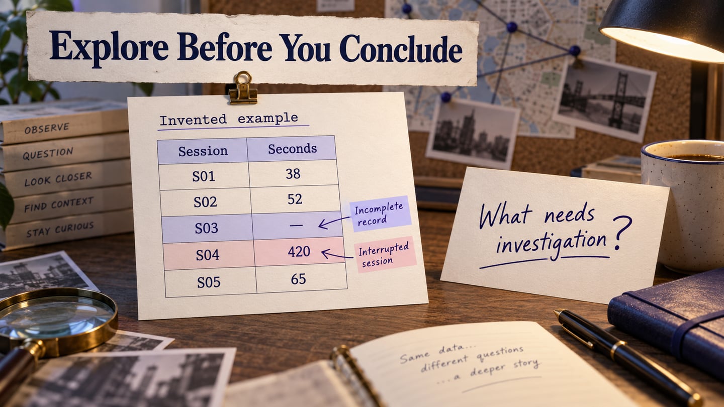 An invented five-session table flags a missing value and an interrupted 420-second session as questions to investigate.