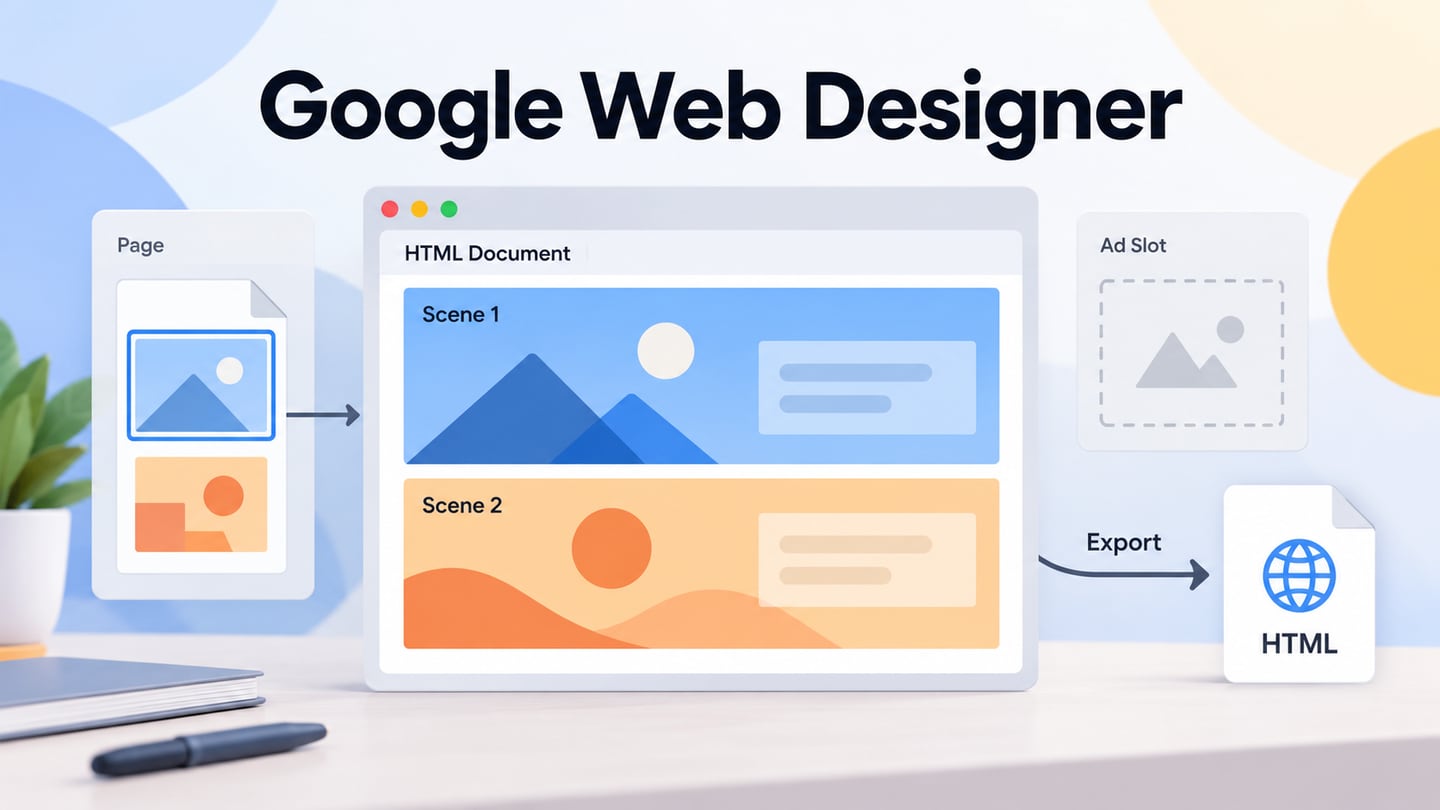 Two scenes sit inside an HTML document, alongside a separate ad-slot concept and an HTML export file.