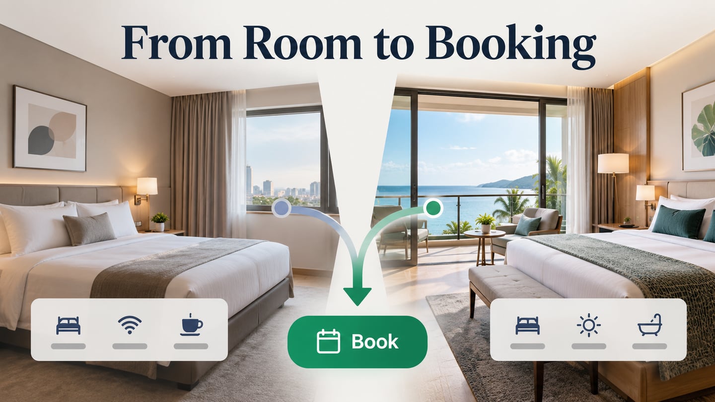 Two hotel room options show distinct attributes and a clear path toward booking.