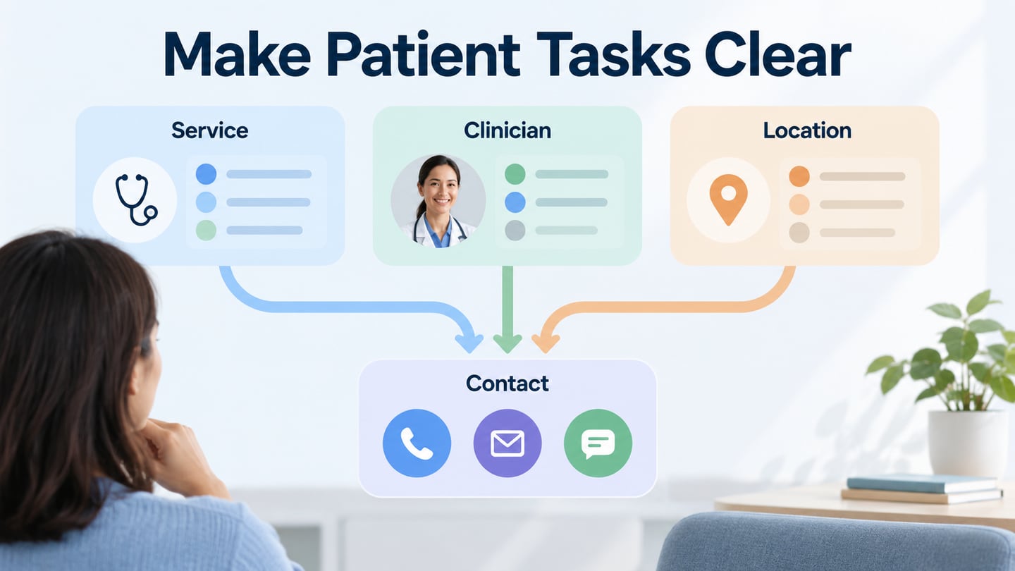 Service, clinician and location routes converge on clearly organized contact information.