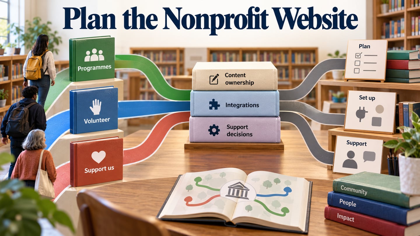 Programmes, Volunteer and Support us routes connect to content ownership, integrations and support planning.