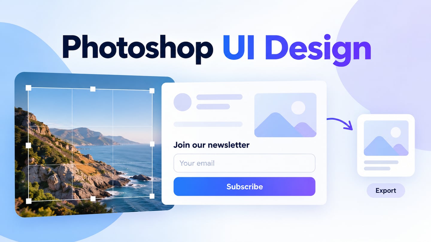 A cropped landscape asset sits beside a newsletter interface mockup and an exported screen concept.