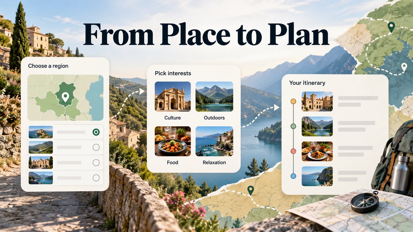 Region and interest choices lead to a compact destination guide preview.