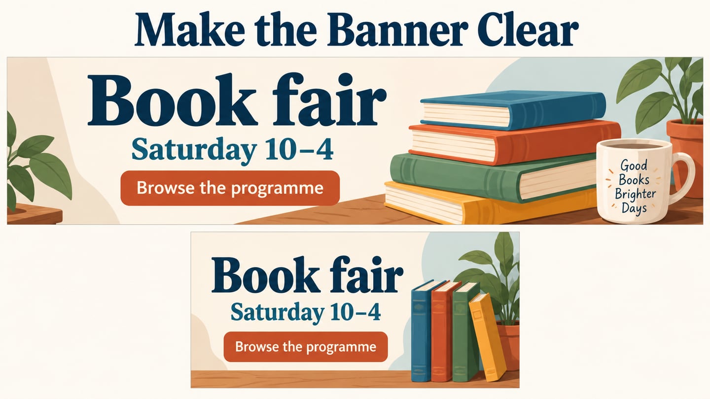 A Book Fair message is recomposed for a wide banner and a compact rectangle.