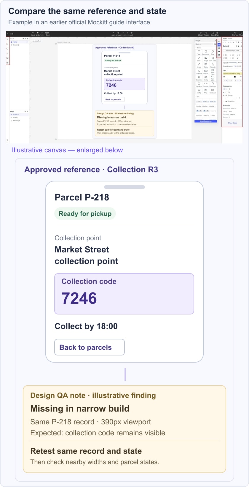 Illustrative parcel reference showing code 7246 and a separate design QA note about its omission from a narrow build.