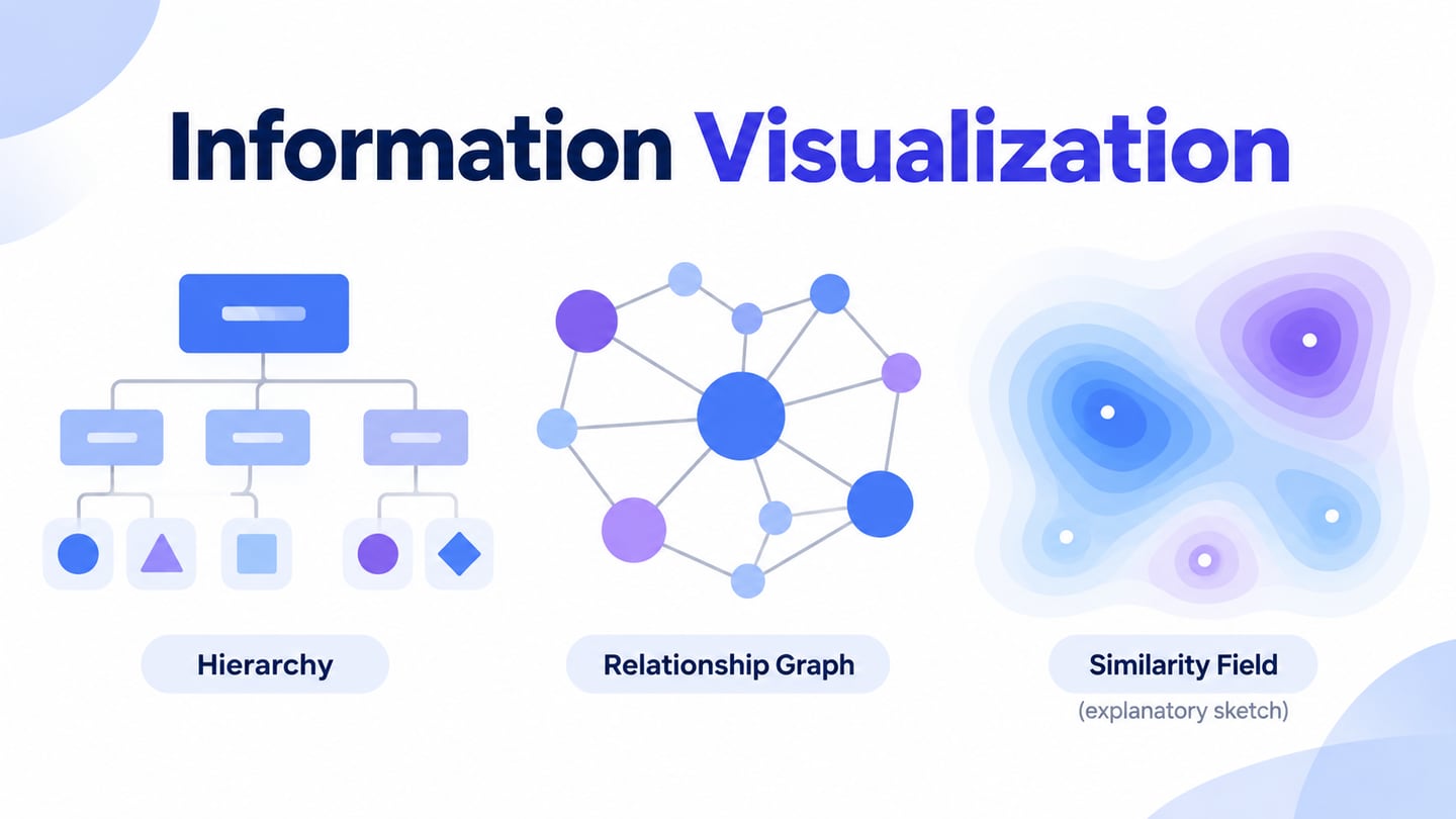 A hierarchy, relationship graph and explanatory similarity map show different information structures