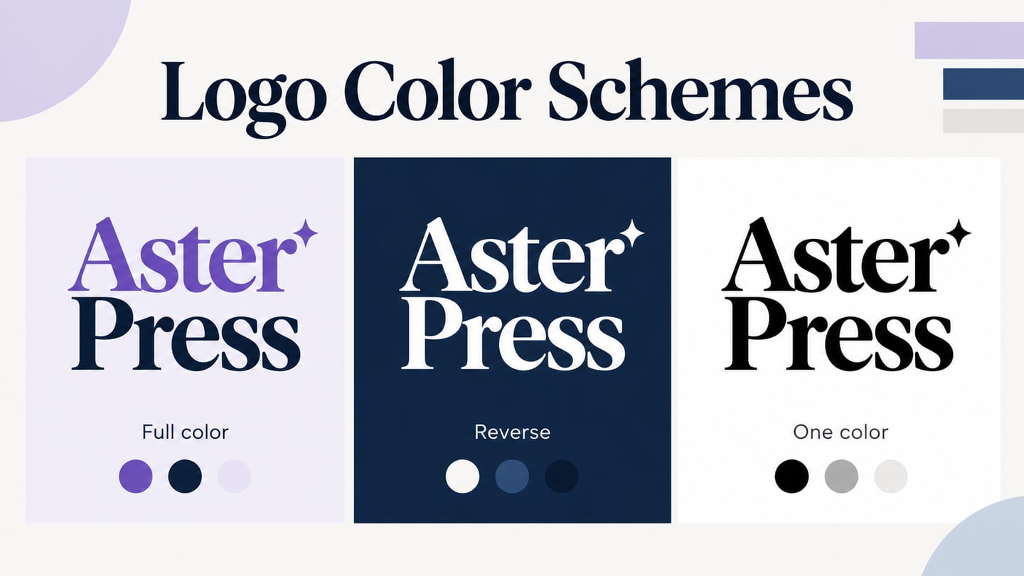 One fictional Aster Press wordmark appears in full-color, reverse and single-color variants on deliberate backgrounds.