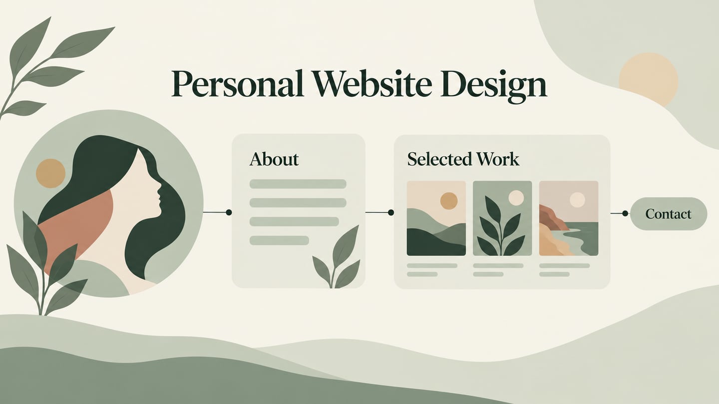 A concise personal introduction connects to selected work and a contact route.