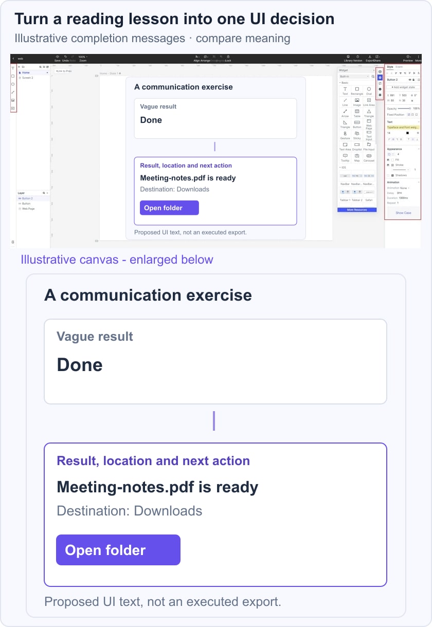 Mockitt editor composition comparing a vague completion message with an explicit file-ready message