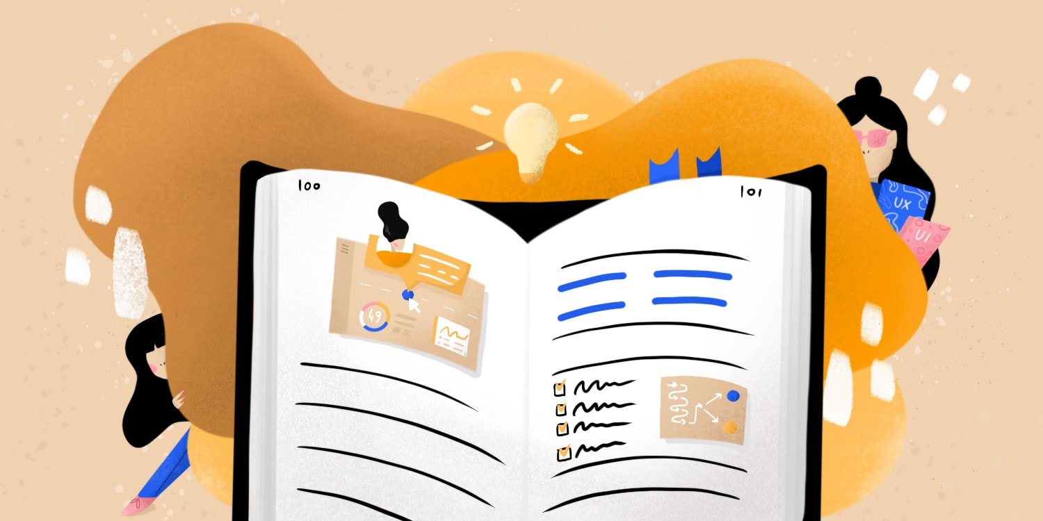 Illustration of an open book with interface-design sketches