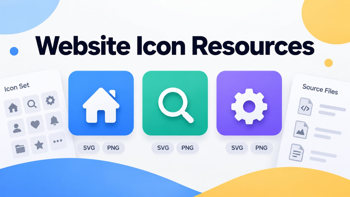 Home, search and settings symbols are selected from an icon set with SVG, PNG and source-file notes.