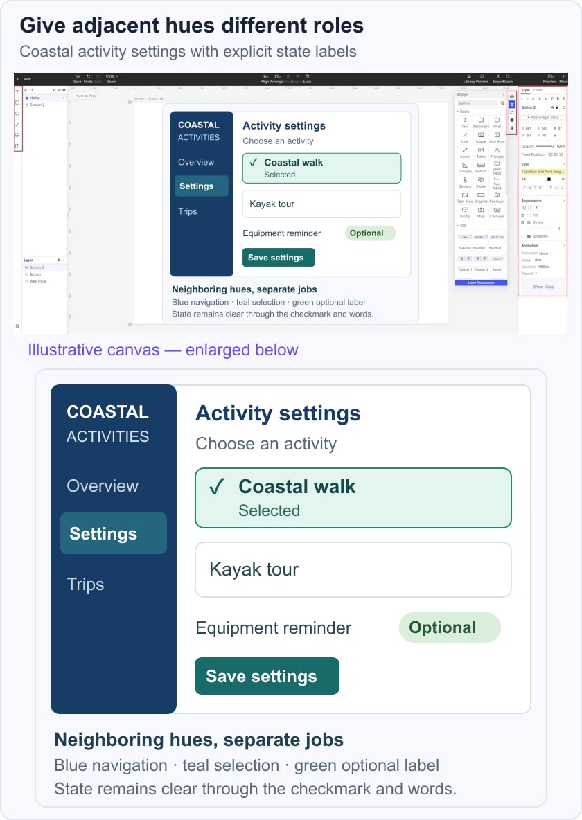 Illustrative coastal settings screen using blue, teal and green with a selected checkmark and an Optional label
