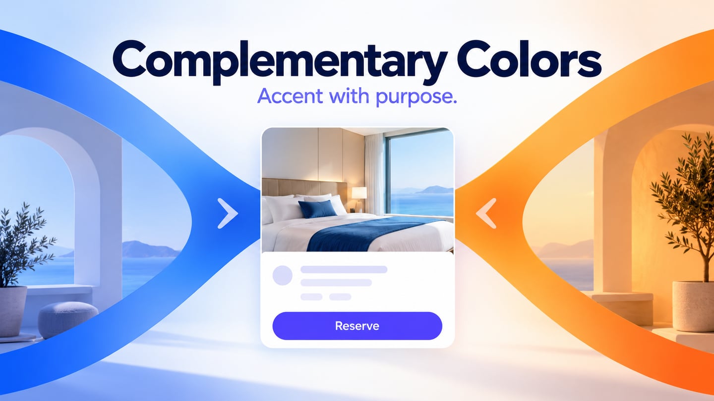Opposing blue and orange hues connected to a reservation card with one primary action