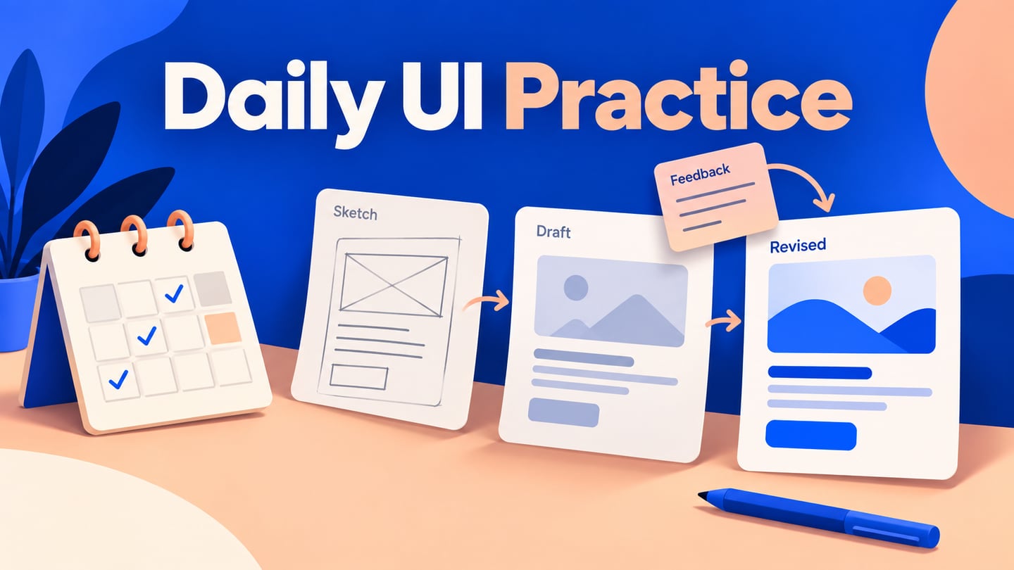 A practice calendar connects a design prompt with feedback and an improved interface state