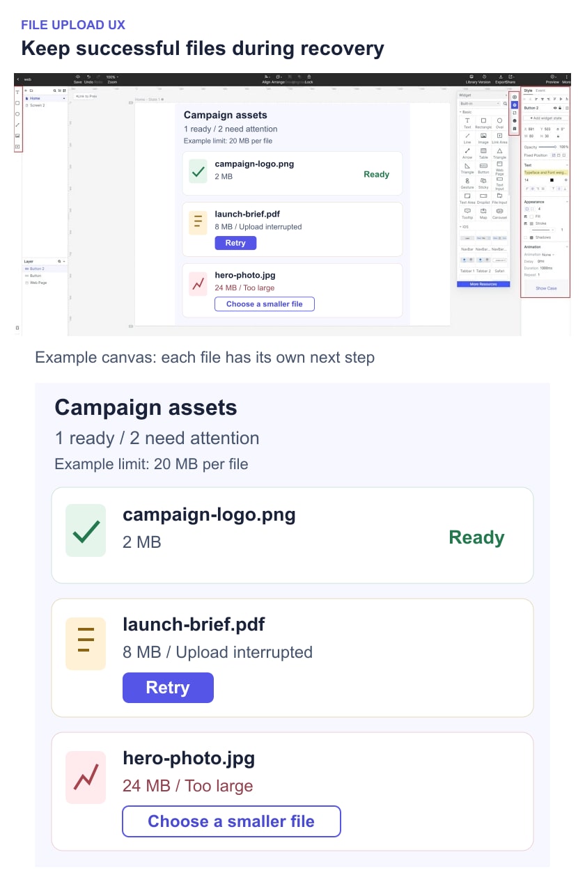 Illustrative campaign upload queue with a ready logo, interrupted PDF that can be retried, and an oversized photo needing replacement.