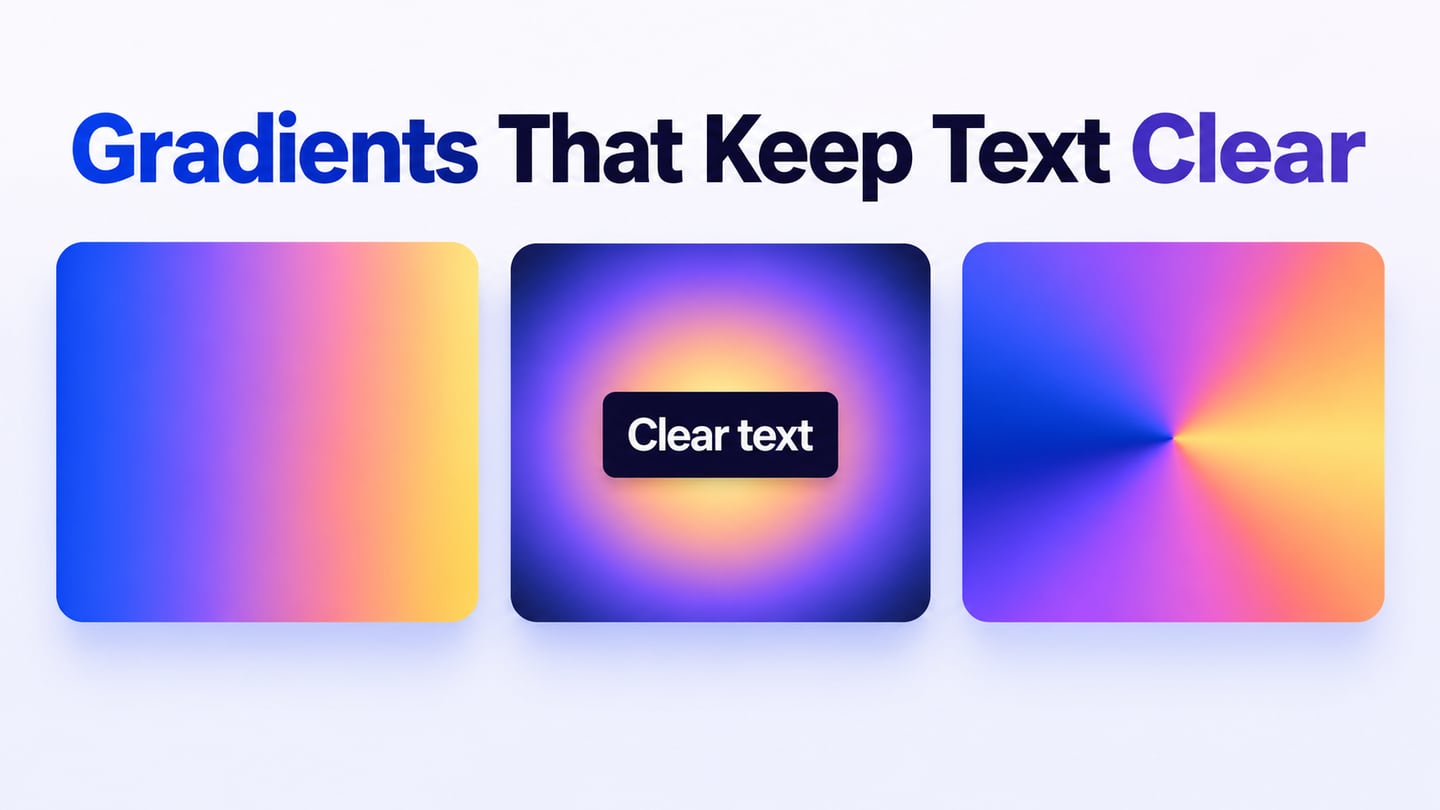 Linear radial and conic gradient swatches with a readable headline panel