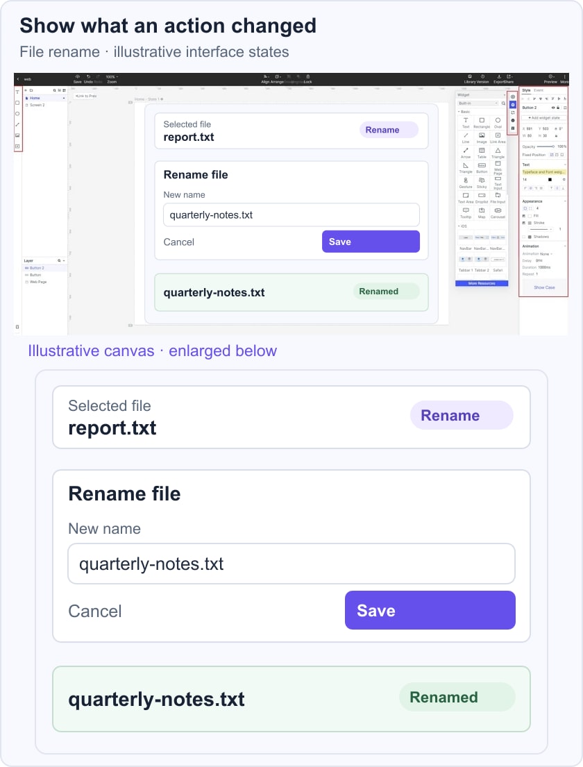 Illustrative Mockitt file-renaming sequence with selected file, new-name dialog and renamed feedback