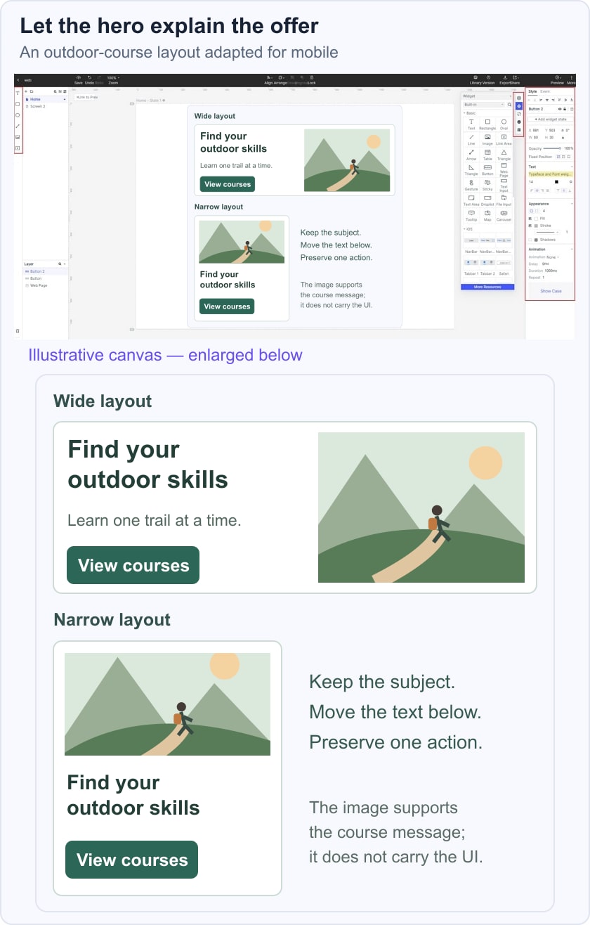 Illustrative outdoor-course hero with text beside the landscape on desktop and below a focused image on mobile