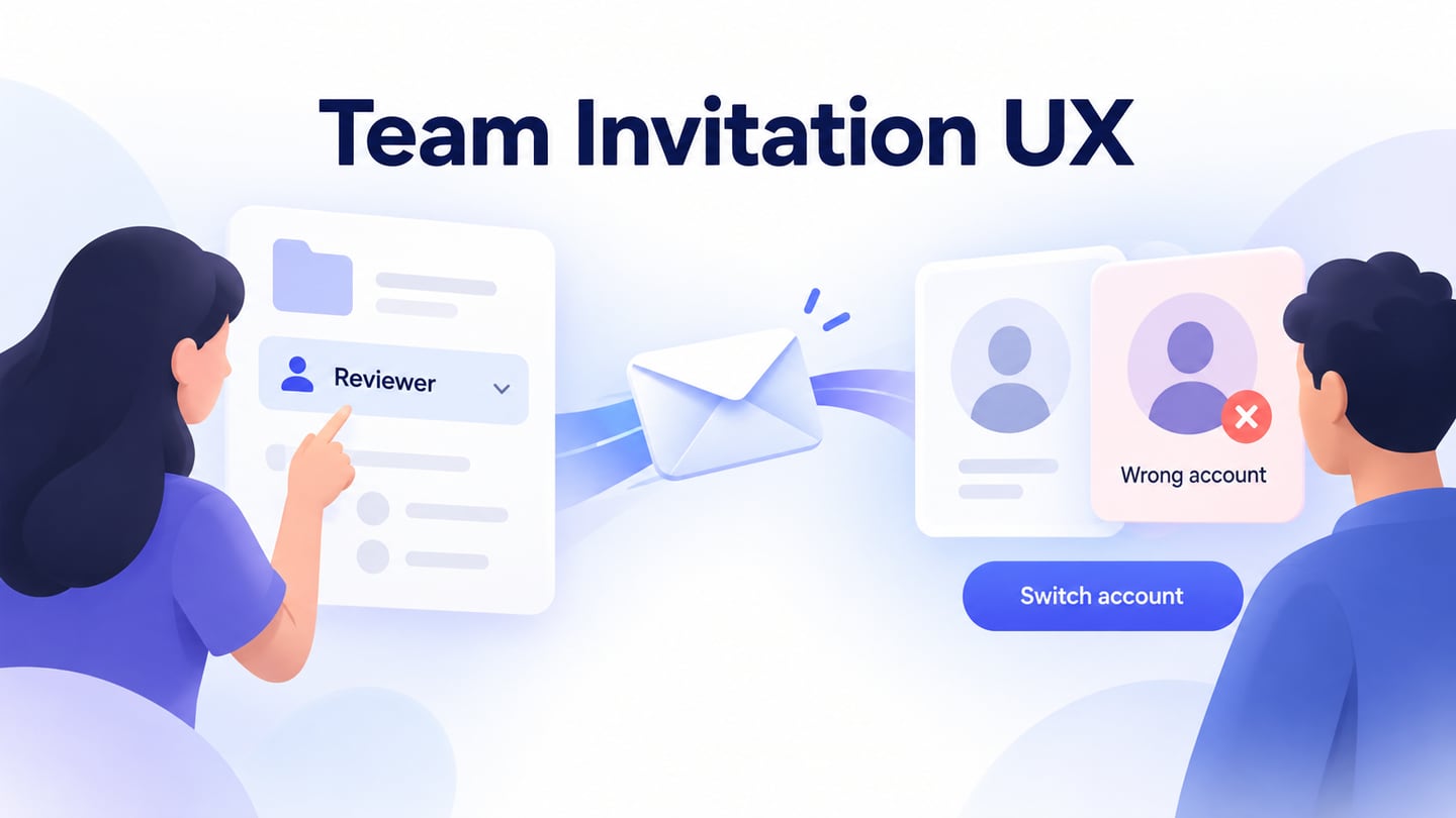 A project invitation moving from a sender to a recipient, with a reviewer role and a wrong-account recovery path.