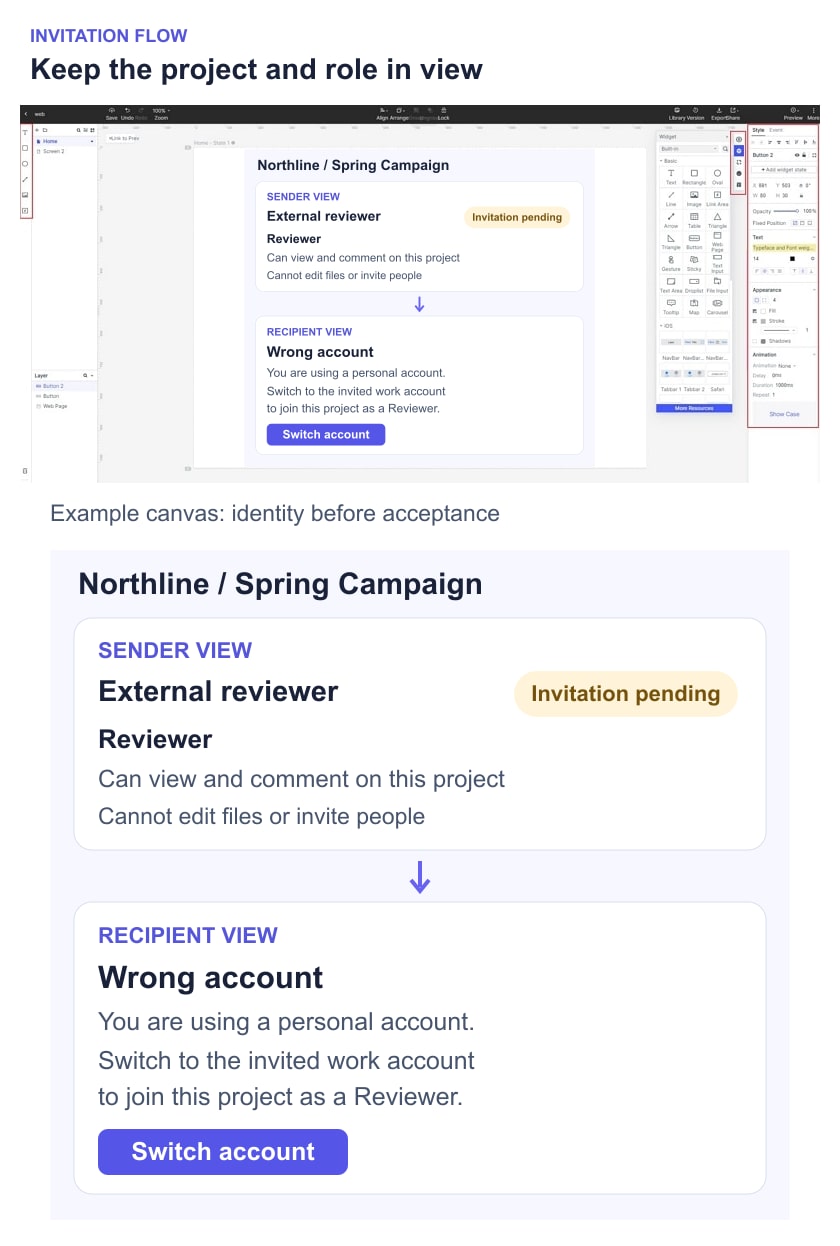 Illustrative project invitation showing a pending Reviewer role and a recipient who needs to switch accounts before joining Spring Campaign.