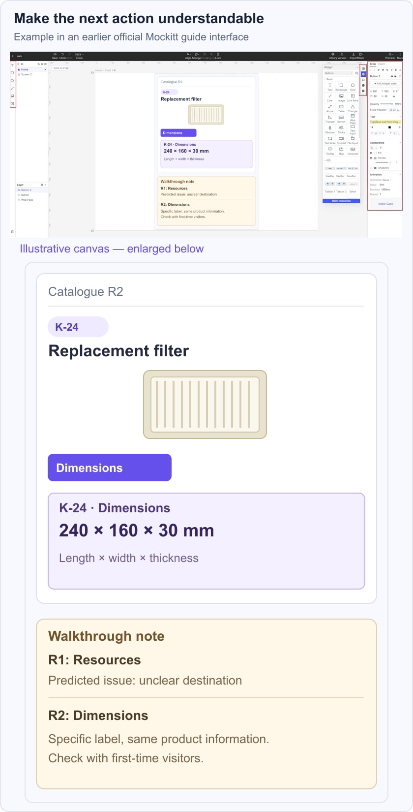Illustrative K-24 product detail with a Dimensions panel and a walkthrough note distinguishing the earlier ambiguous Resources label.