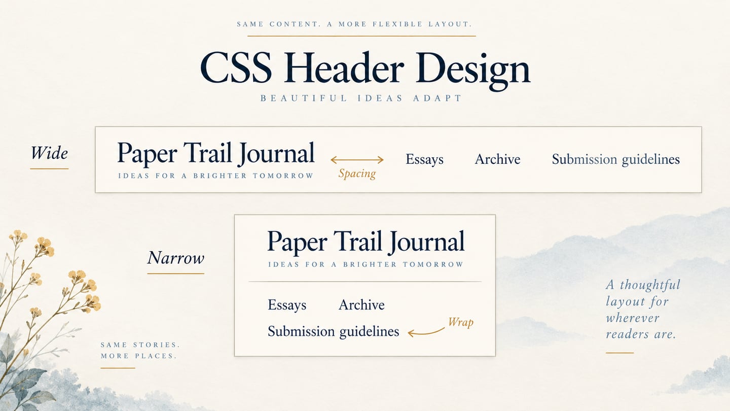 A journal header keeps long navigation labels visible across two widths.