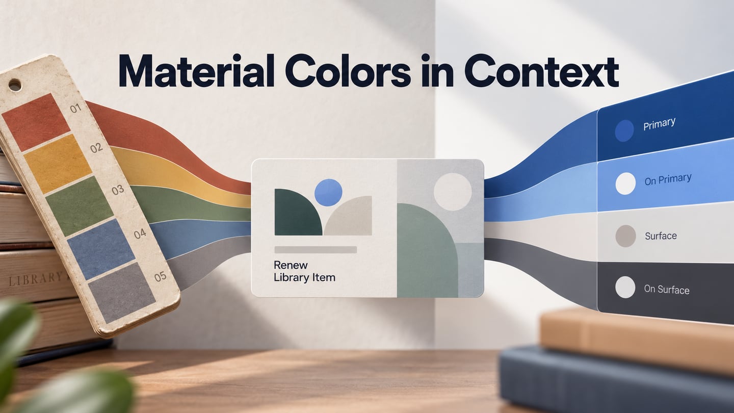 Numbered swatches and named Material roles connect to a library renewal card.