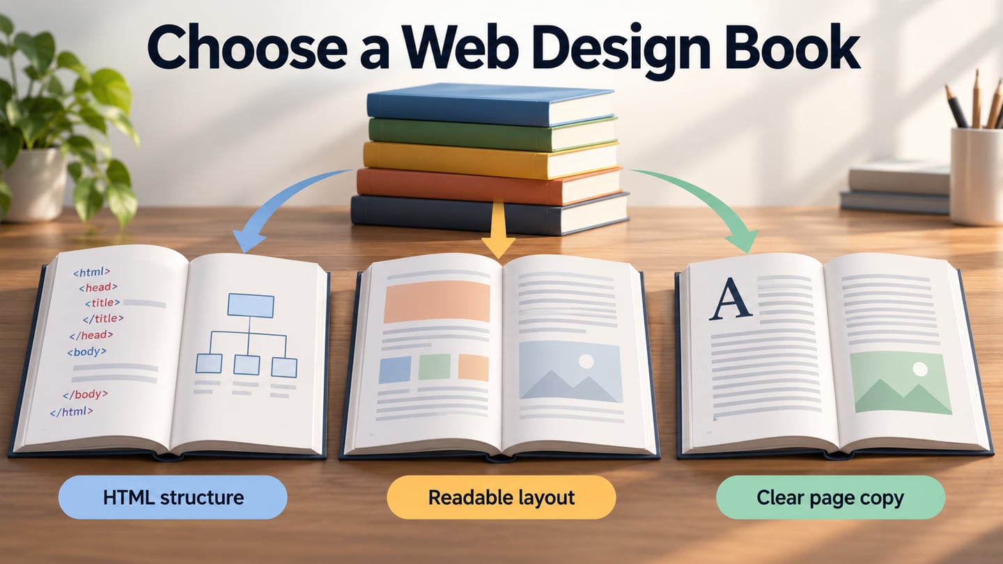 Different book lessons connect to code structure, inclusive layout and clearer website copy.