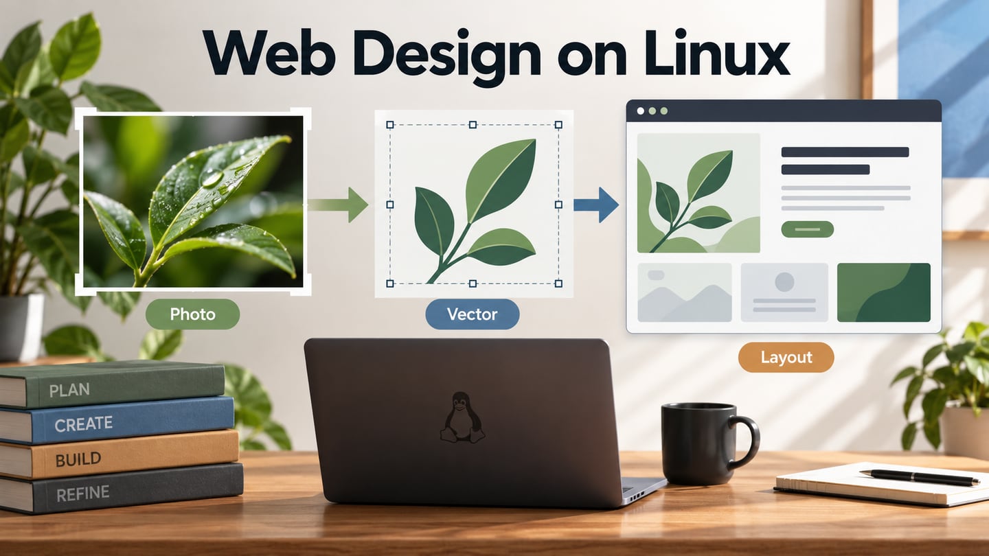 Photo, vector and page-layout outputs form distinct parts of a Linux web-design workflow.