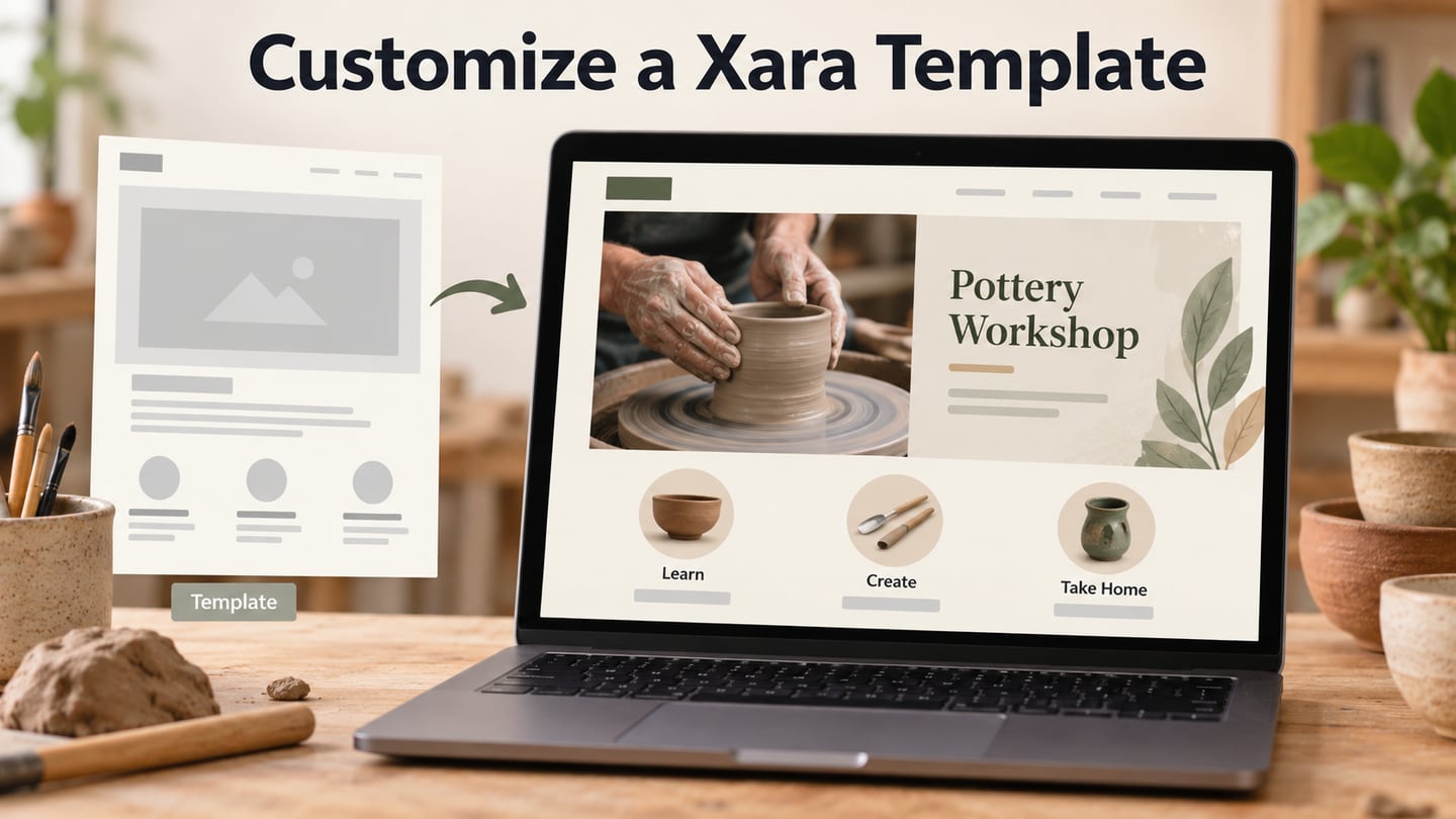 Pottery workshop content replaces a template headline and image while retaining a clear page hierarchy.