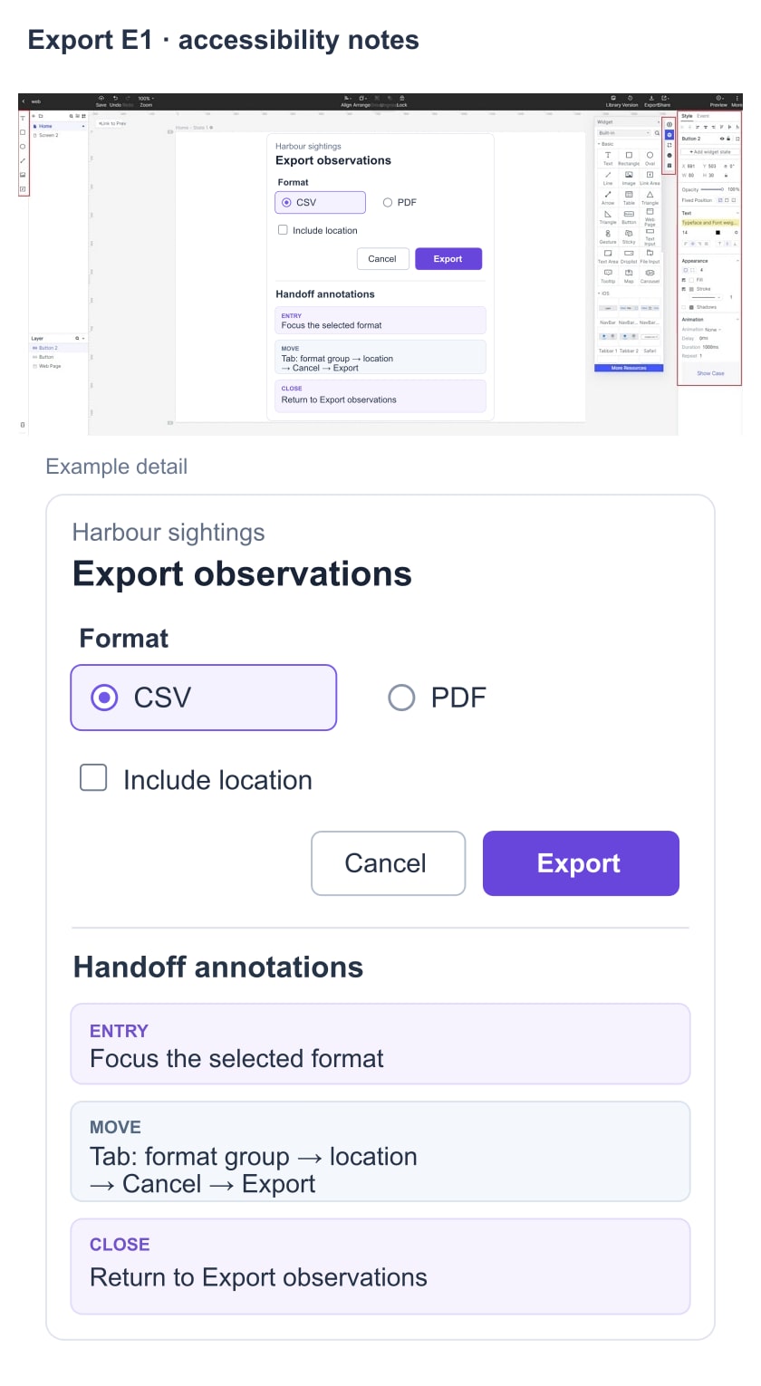 Illustrative export dialog with CSV selected, an unchecked location option, and notes for entry focus, tab movement and return focus.