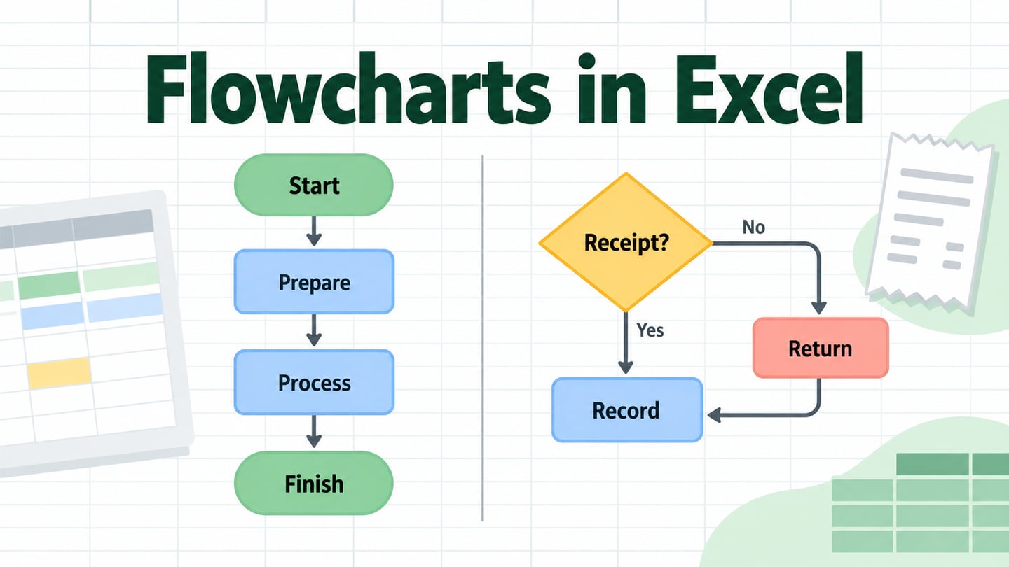 A worksheet with a linear process and a branching claim-review diagram illustrating two Excel flowchart methods
