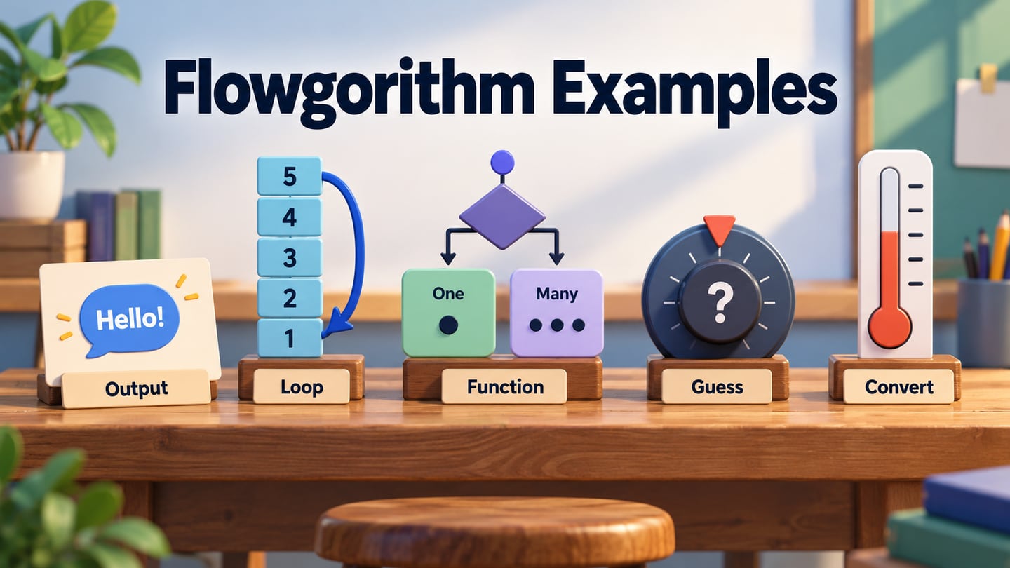Five flowchart-programming concepts organized around output, loops, decisions, a game and temperature conversion