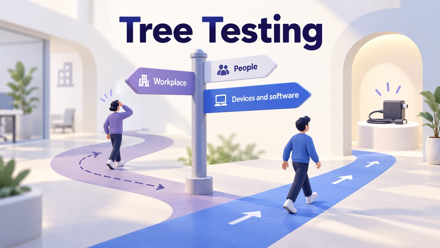 Employee-help signposts with a route to a laptop charger and a detour showing a return from the wrong category.